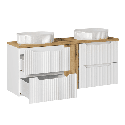 Móvel duplo lavatório 140cm 4 gavetas Riva Branco e Madeira