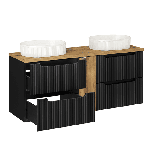Móvel de lavatório duplo 140cm 4 gavetas Riva Preto e Madeira