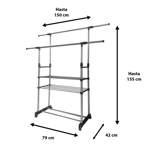 Cabide de metal Donkey Maxi com rodas Nyana Home 155x79x42 cm Organização e cabide 2 alturas