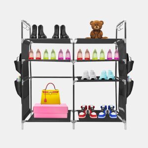 Sapateira modular de metal Nyana Home até 21 pares 95x90x27cm, 4 bolsos laterais, 4 alturas Preto.