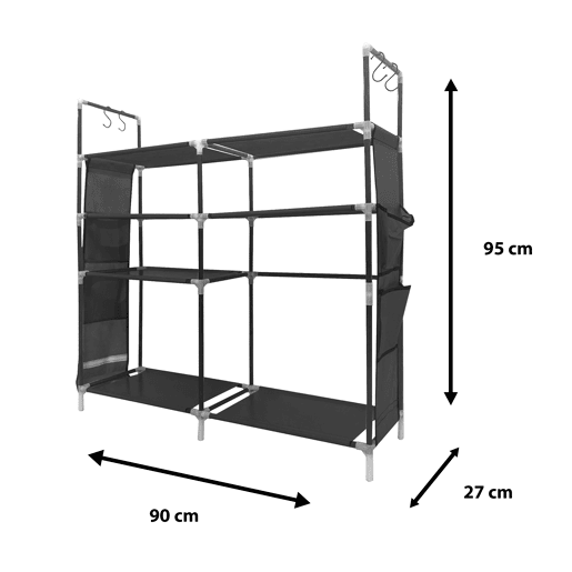 Sapateira modular de metal Nyana Home até 21 pares 95x90x27cm, 4 bolsos laterais, 4 alturas Preto.