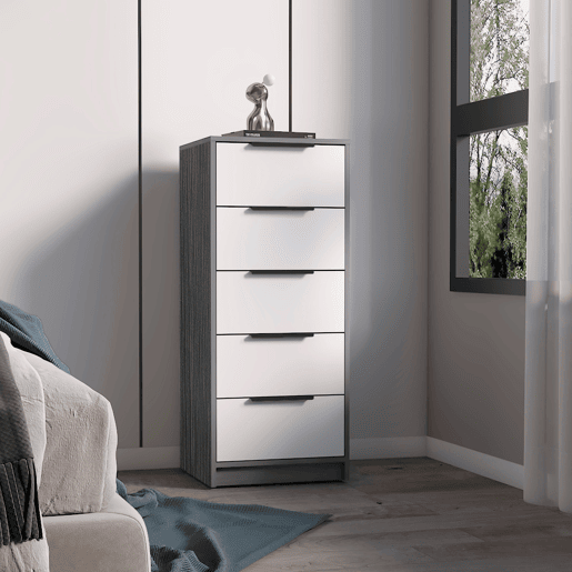Cómoda Kaia em melamina com 5 gavetas com calhas metálicas