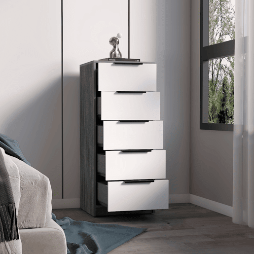 Cómoda Kaia em melamina com 5 gavetas com calhas metálicas