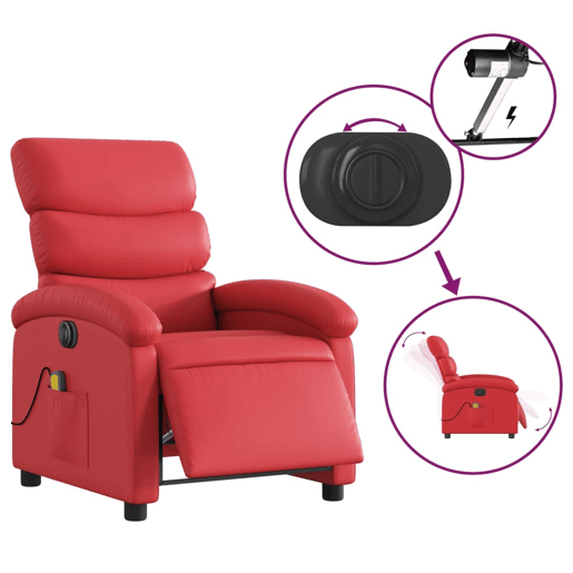 vidaXL Poltrona massagens reclinável elétrica couro artif. vermelho vidaXL Poltrona massagens reclinável elétrica couro artif. vermelho