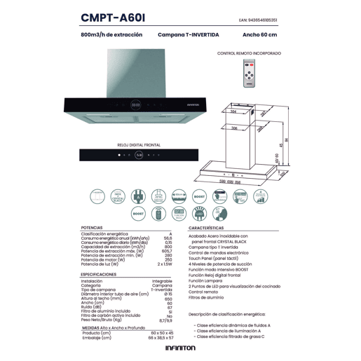 Exaustor INFINITON CMPT-A60I - Aço inoxidável, 60cm, 800m³h, 250W, T invertido, Controlo remoto