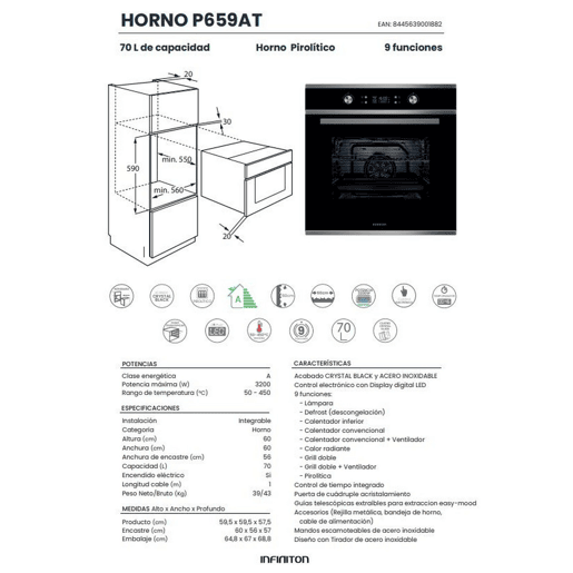 Forno pirolítico INFINITON P659AT, 70 litros, 3200 W, 9 funções, preto cristal