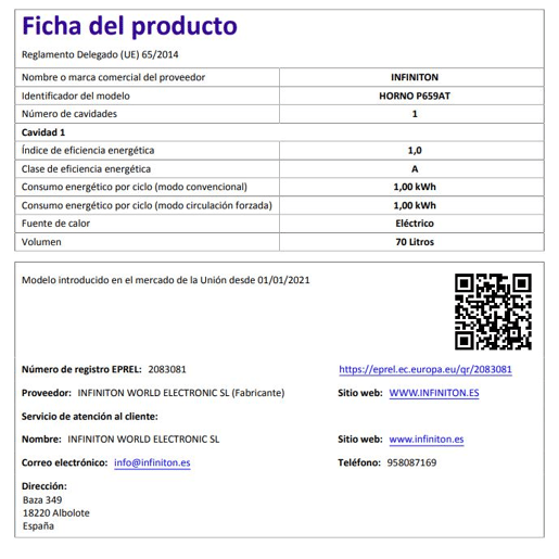 Forno pirolítico INFINITON P659AT, 70 litros, 3200 W, 9 funções, preto cristal