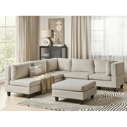 Sofá de canto modular UNSTAD Tecido Creme claro com repousa-pés 5 lugares à esquerda Sofá de canto modular UNSTAD Tecido Creme claro com repousa-pés 5 lugares à esquerda