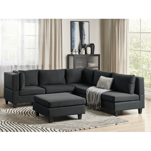 Sofá de canto modular UNSTAD Tecido Preto com repousa-pés 5 lugares à direita
