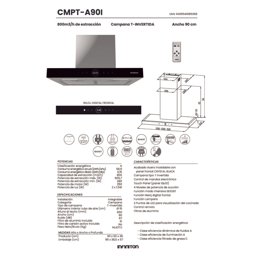 Exaustor INFINITON CMPT-A90I - Aço inoxidável, 90cm, 800m³h, 250W, T invertido, Comando manual