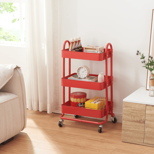 Carrinho de serviço Pyhäntä com 3 cestos em aço 79 x 46 x 35 cm - Vermelho en.casa