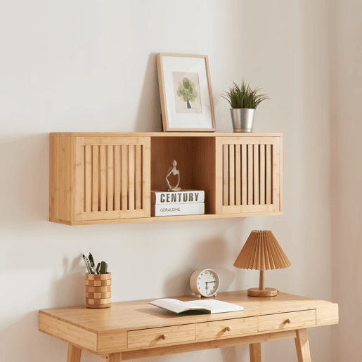 Prateleira de parede Grums com 2 portas em bambu 93x20x33cm - Natural en.casa Prateleira de parede Grums com 2 portas em bambu 93x20x33cm - Natural en.casa