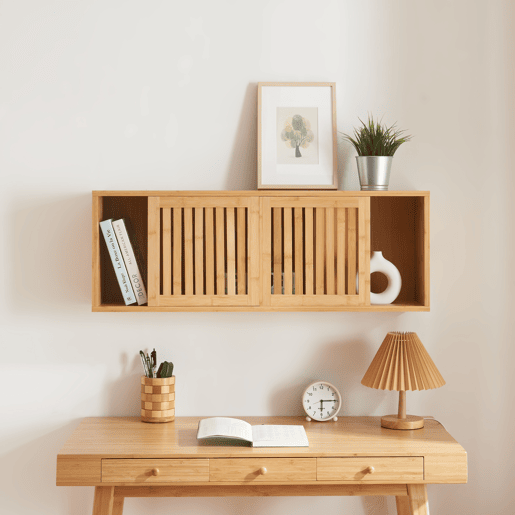 Prateleira de parede Grums com 2 portas em bambu 93x20x33cm - Natural en.casa Prateleira de parede Grums com 2 portas em bambu 93x20x33cm - Natural en.casa