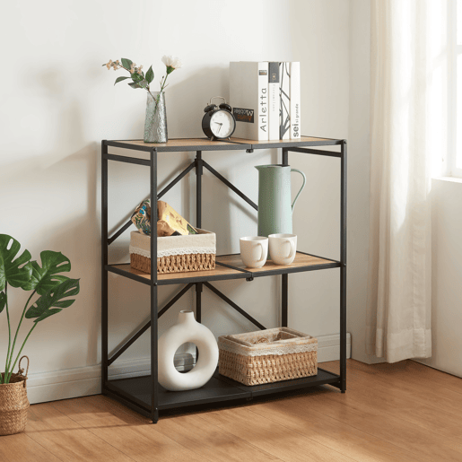 Estante dobrável Telemark 3 níveis Metal MDF 81x68x38cm - PretoCarvalho en.casa
