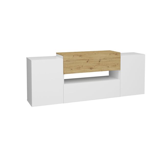 Mueble de TV 2 puertas 2 cajones blanco brillante y roble artesanal Olpe - L182 cm
