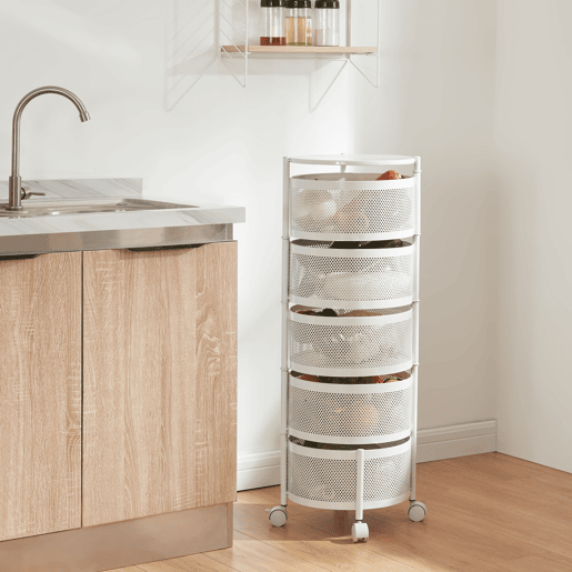 Carro de cozinha Steigen com 5 cestos redondos em aço 90xØ33cm - Branco en.casa