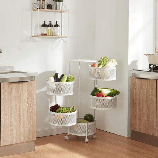 Carro de cozinha Steigen com 5 cestos redondos em aço 90xØ33cm - Branco en.casa