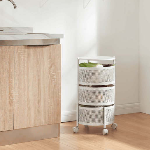 Carro de cozinha Steigen com 3 cestos redondos em aço 60xØ33cm - Branco en.casa