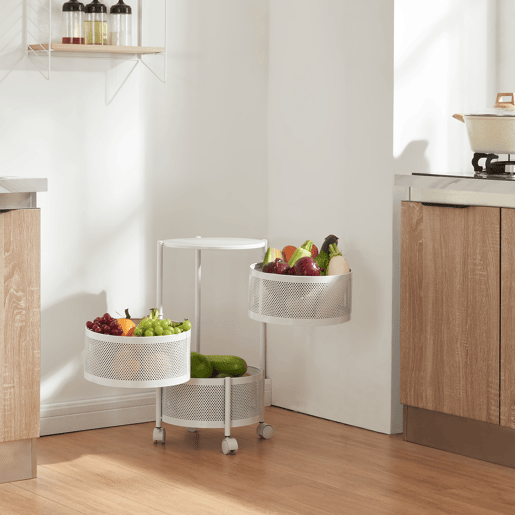 Carro de cozinha Steigen com 3 cestos redondos em aço 60xØ33cm - Branco en.casa