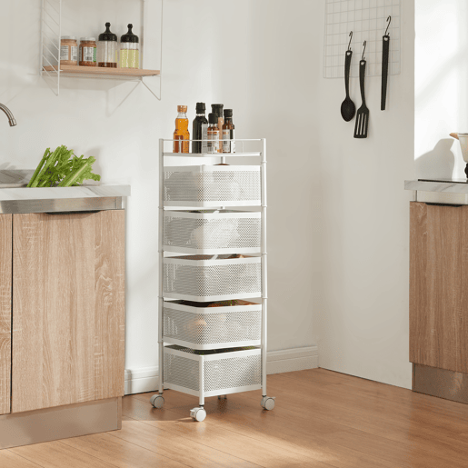 Carro de cozinha Sunndal com 5 cestos em aço 95x27x27cm - Branco en.casa