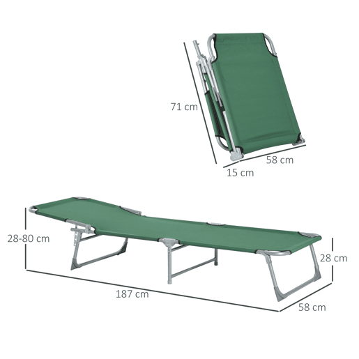 Outsunny Espreguiçadeira Dobrável e Reclinável em 4 Posições Espreguiçadeira de Campismo com Estrutura Metálica e Tecido Oxford para Exterior 187x58x28 cm Verde