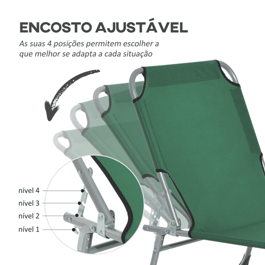 Outsunny Espreguiçadeira Dobrável e Reclinável em 4 Posições Espreguiçadeira de Campismo com Estrutura Metálica e Tecido Oxford para Exterior 187x58x28 cm Verde