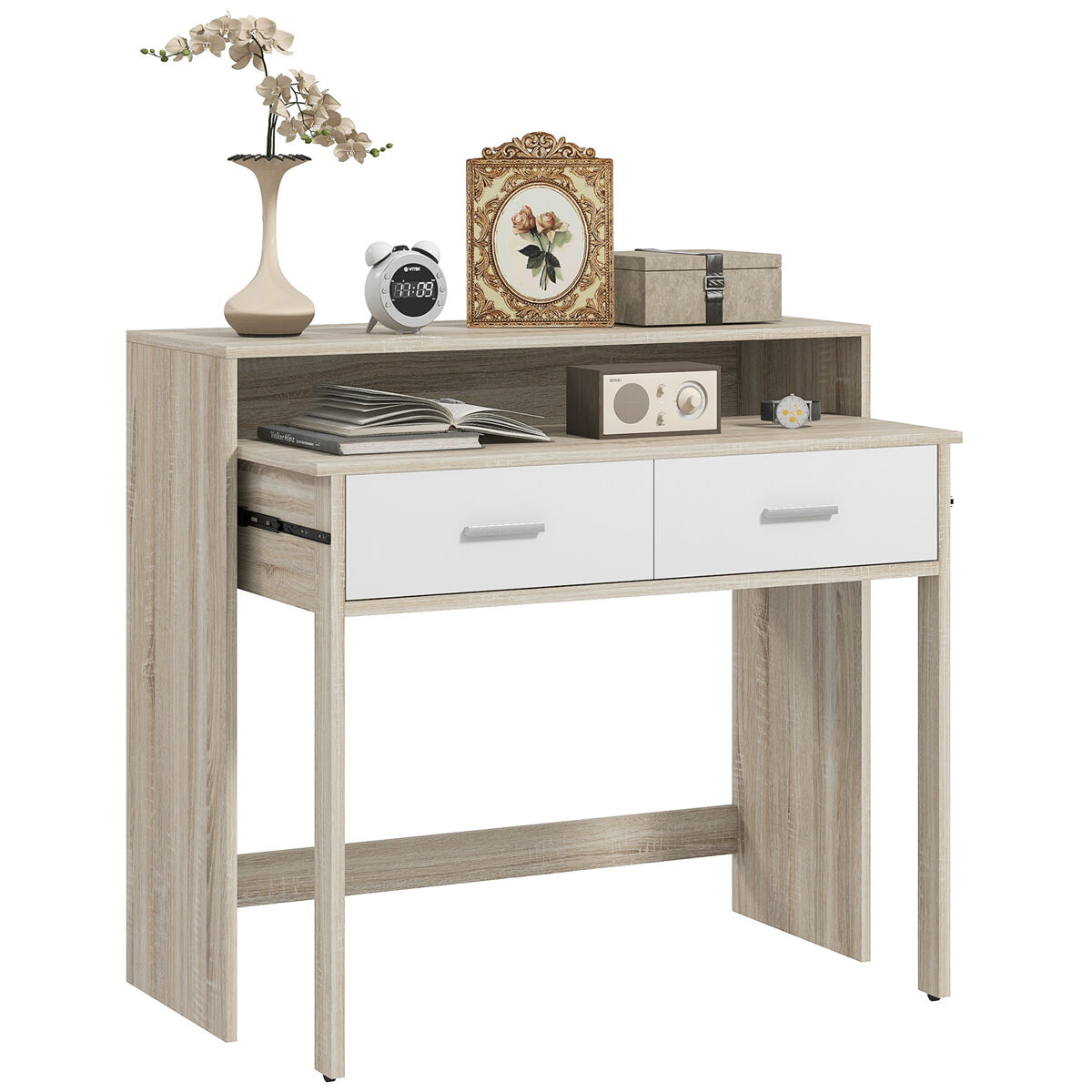 Homcom mesa consola escritorio extensible de 2 niveles con rieles deslizantes 2 cajones y 2 ruedas antivuelco mesa de entrada doble 95x35x87 cm roble