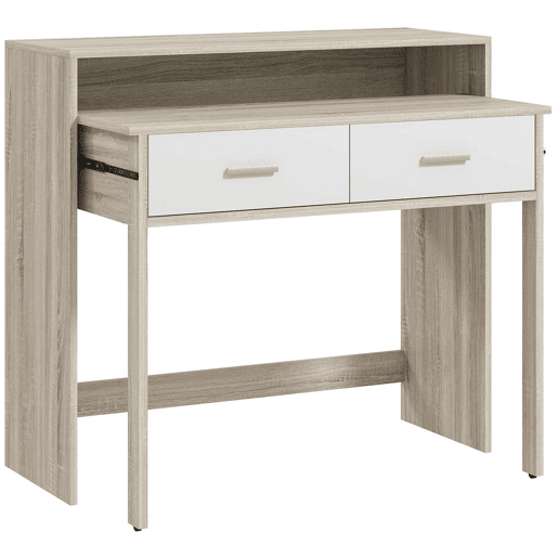 HOMCOM Mesa Consola Moderna de Entrada de 2 Níveis com Trilhos Deslizantes 2 Gavetas 2 Rodas Anti-Tombo Móvel de Entrada para Sala de Estar Corredor 95x35x87 cm Madeira e Branco
