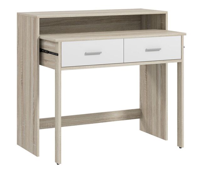 Homcom mesa consola escritorio extensible de 2 niveles con rieles deslizantes 2 cajones y 2 ruedas antivuelco mesa de entrada doble 95x35x87 cm roble