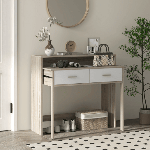 HOMCOM Mesa Consola Moderna de Entrada de 2 Níveis com Trilhos Deslizantes 2 Gavetas 2 Rodas Anti-Tombo Móvel de Entrada para Sala de Estar Corredor 95x35x87 cm Madeira e Branco