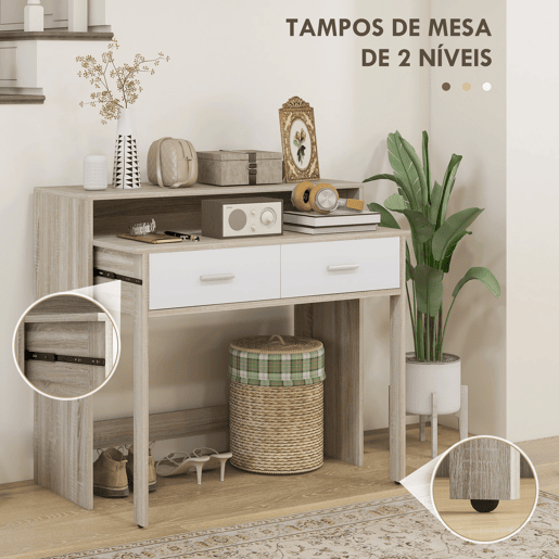 HOMCOM Mesa Consola Moderna de Entrada de 2 Níveis com Trilhos Deslizantes 2 Gavetas 2 Rodas Anti-Tombo Móvel de Entrada para Sala de Estar Corredor 95x35x87 cm Madeira e Branco