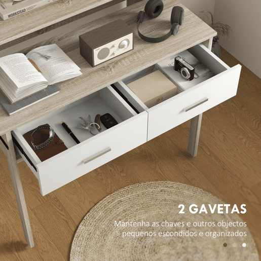 HOMCOM Mesa Consola Moderna de Entrada de 2 Níveis com Trilhos Deslizantes 2 Gavetas 2 Rodas Anti-Tombo Móvel de Entrada para Sala de Estar Corredor 95x35x87 cm Madeira e Branco