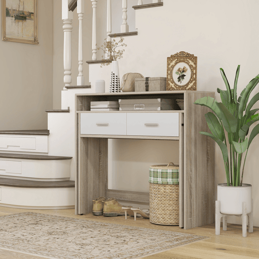 HOMCOM Mesa Consola Moderna de Entrada de 2 Níveis com Trilhos Deslizantes 2 Gavetas 2 Rodas Anti-Tombo Móvel de Entrada para Sala de Estar Corredor 95x35x87 cm Madeira e Branco