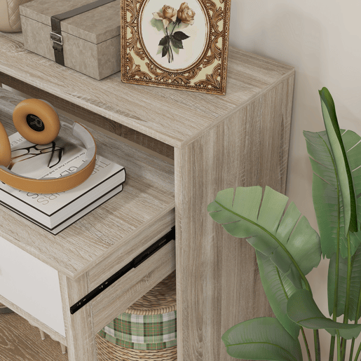 HOMCOM Mesa Consola Moderna de Entrada de 2 Níveis com Trilhos Deslizantes 2 Gavetas 2 Rodas Anti-Tombo Móvel de Entrada para Sala de Estar Corredor 95x35x87 cm Madeira e Branco