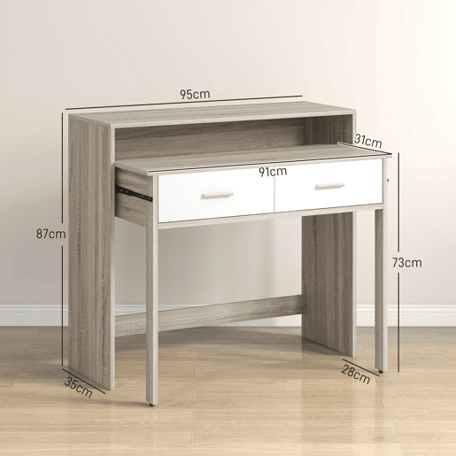 HOMCOM Mesa Consola Moderna de Entrada de 2 Níveis com Trilhos Deslizantes 2 Gavetas 2 Rodas Anti-Tombo Móvel de Entrada para Sala de Estar Corredor 95x35x87 cm Madeira e Branco
