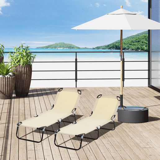 Outsunny Conjunto de 2 Espreguiçadeiras Dobráveis Espreguiçadeiras de Jardim Reclináveis com Encosto Ajustável em 5 Níveis Carga 120 kg para Varanda Piscina 188x56x28 cm Bege
