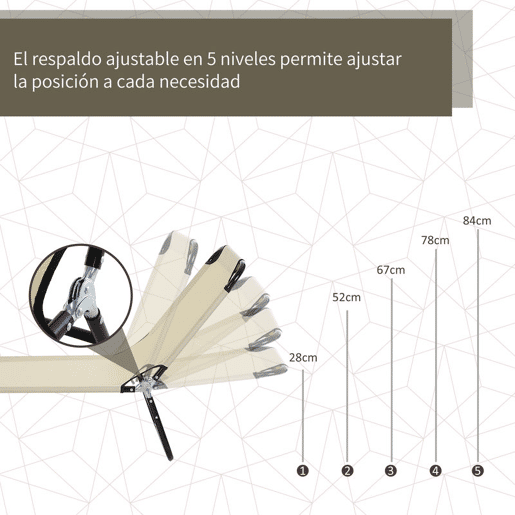 Outsunny Conjunto de 2 Espreguiçadeiras Dobráveis Espreguiçadeiras de Jardim Reclináveis com Encosto Ajustável em 5 Níveis Carga 120 kg para Varanda Piscina 188x56x28 cm Bege