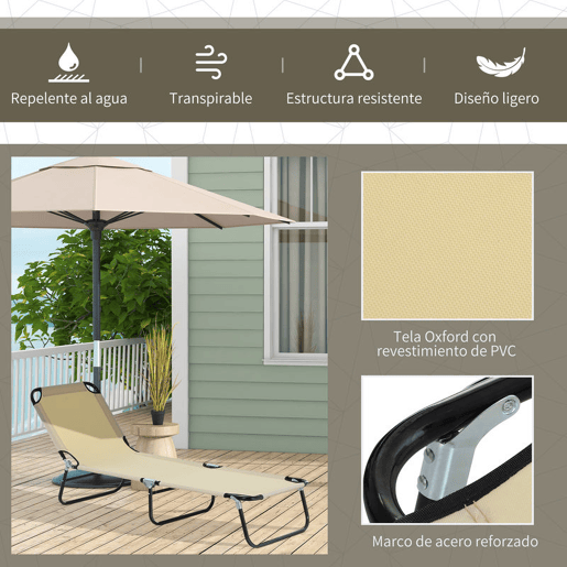 Outsunny Conjunto de 2 Espreguiçadeiras Dobráveis Espreguiçadeiras de Jardim Reclináveis com Encosto Ajustável em 5 Níveis Carga 120 kg para Varanda Piscina 188x56x28 cm Bege