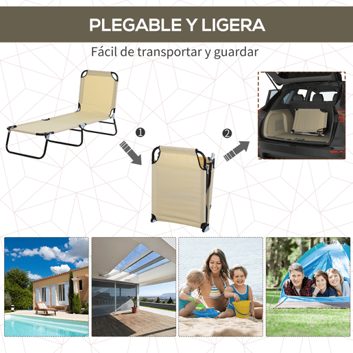 Outsunny Conjunto de 2 Espreguiçadeiras Dobráveis Espreguiçadeiras de Jardim Reclináveis com Encosto Ajustável em 5 Níveis Carga 120 kg para Varanda Piscina 188x56x28 cm Bege