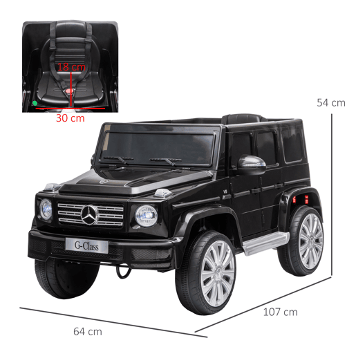 HOMCOM Carro Elétrico para Crianças acima de 3 Anos BENZ G500 Todo-o-Terreno com Bateria 12V Veículo Elétrico com Controlo Remoto Música Buzina Velocidade 3-5 kmh Carga 30 kg Preto