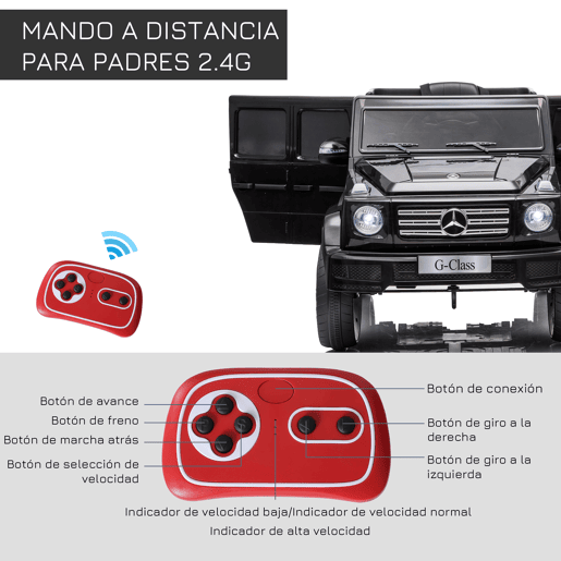 HOMCOM Carro Elétrico para Crianças acima de 3 Anos BENZ G500 Todo-o-Terreno com Bateria 12V Veículo Elétrico com Controlo Remoto Música Buzina Velocidade 3-5 kmh Carga 30 kg Preto
