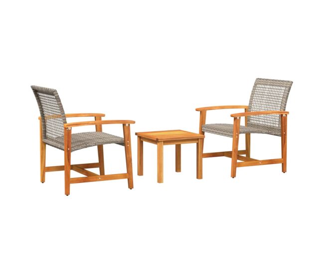 Vidaxl juego de bistro de 3 piezas ratán pe gris y madera de acacia
