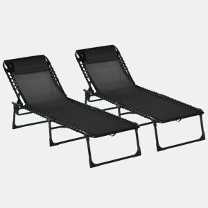 Outsunny Conjunto de 2 Espreguiçadeiras Dobráveis Espreguiçadeiras de Jardim Reclináveis com Encosto Ajustável em 4 Posições Carga 120 kg para Varanda Piscina Praia 197x58x30 cm Preto