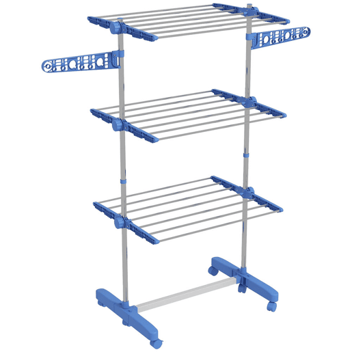 HOMCOM Estendal para Roupa Dobrável 80x55x152cm com 6 Rodas e 3 Prateleiras com Altura Ajustável de Aço Inoxidável Prata e Azul