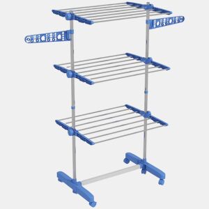 HOMCOM Estendal para Roupa Dobrável 80x55x152cm com 6 Rodas e 3 Prateleiras com Altura Ajustável de Aço Inoxidável Prata e Azul