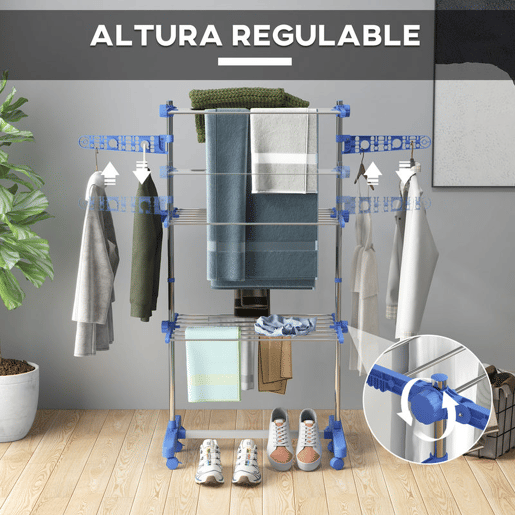 HOMCOM Estendal para Roupa Dobrável 80x55x152cm com 6 Rodas e 3 Prateleiras com Altura Ajustável de Aço Inoxidável Prata e Azul