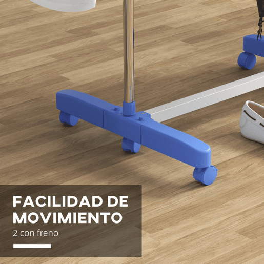 HOMCOM Estendal para Roupa Dobrável 80x55x152cm com 6 Rodas e 3 Prateleiras com Altura Ajustável de Aço Inoxidável Prata e Azul