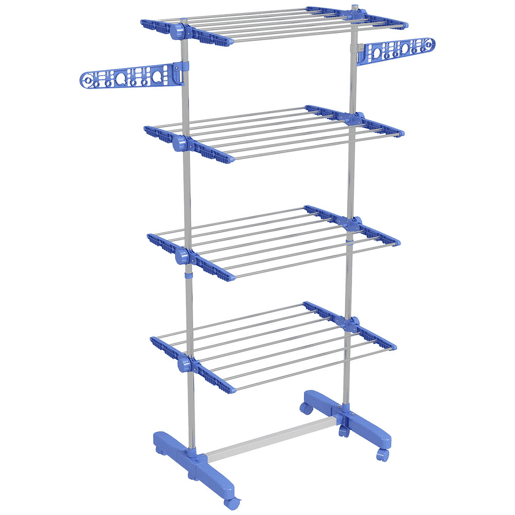 HOMCOM Estendal Vertical Dobrável de 4 Níveis Estendal de Roupa com 6 Rodas 2 Laterais Dobráveis Prateleiras Ajustáveis e Estrutura de Aço Inoxídável para Interior e Exterior Azul