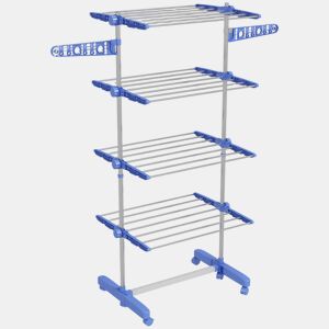 HOMCOM Estendal Vertical Dobrável de 4 Níveis Estendal de Roupa com 6 Rodas 2 Laterais Dobráveis Prateleiras Ajustáveis e Estrutura de Aço Inoxídável para Interior e Exterior Azul