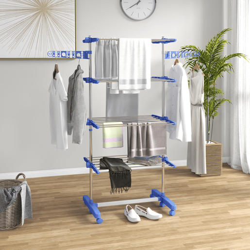 HOMCOM Estendal Vertical Dobrável de 4 Níveis Estendal de Roupa com 6 Rodas 2 Laterais Dobráveis Prateleiras Ajustáveis e Estrutura de Aço Inoxídável para Interior e Exterior Azul